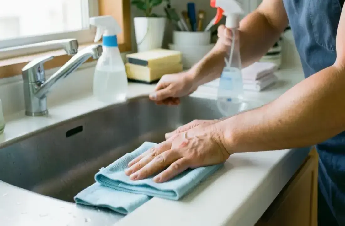 Kitchen counter being wiped down with a folded microfibre cloth during a professional cleaning visit