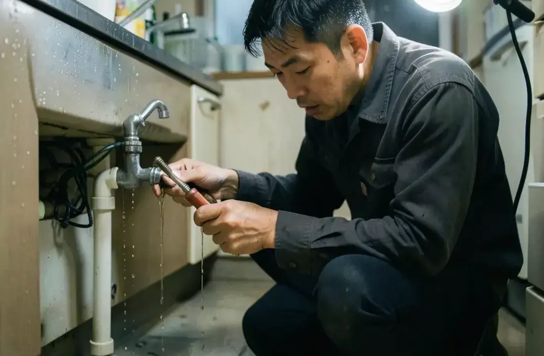 Technician at night repairing a leaking supply line under a kitchen sink with a work light