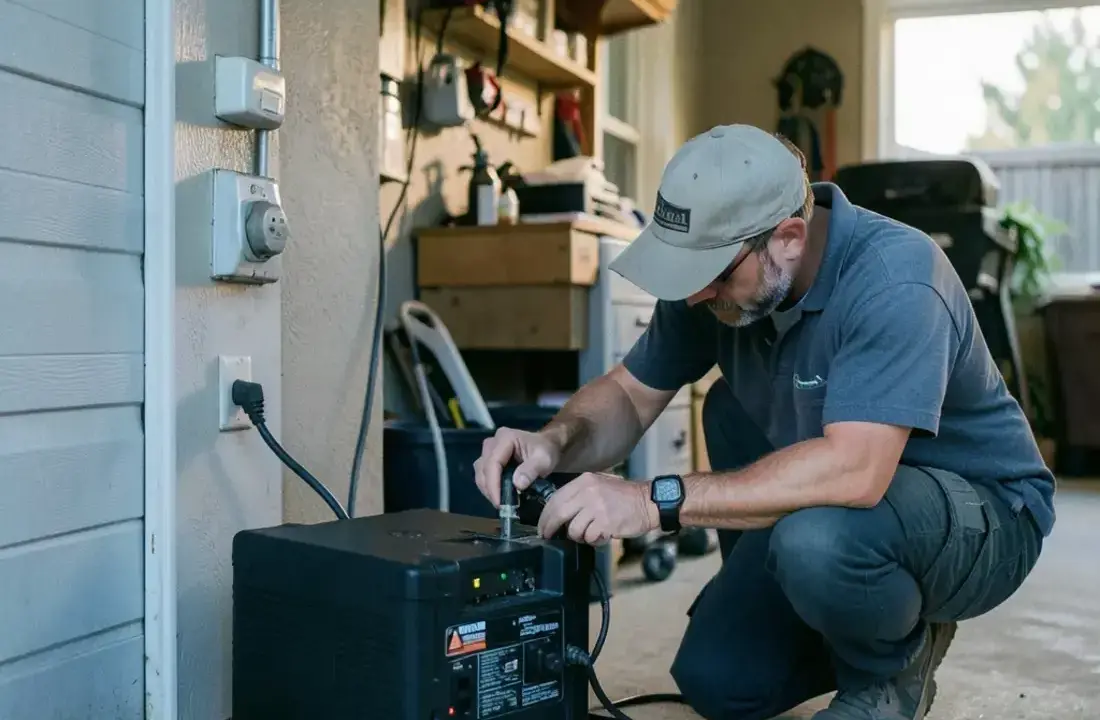 Technician restoring power to a residential electrical panel during a night-time outage