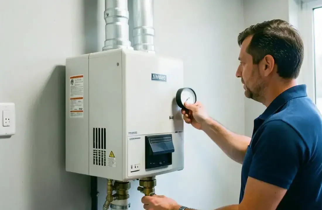 Modern residential mechanical room with a mounted boiler and brushed metal pipework