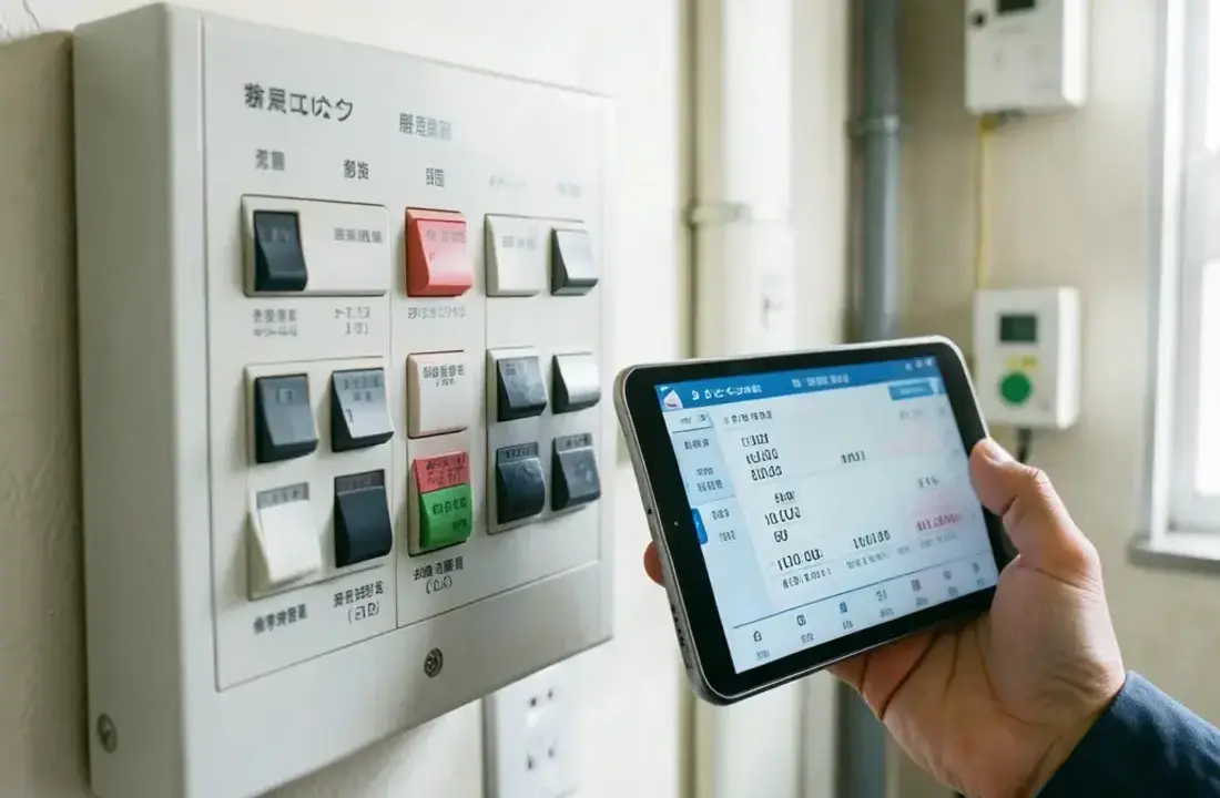 Clean residential breaker panel with labelled switches and an engineer diagnostic tablet