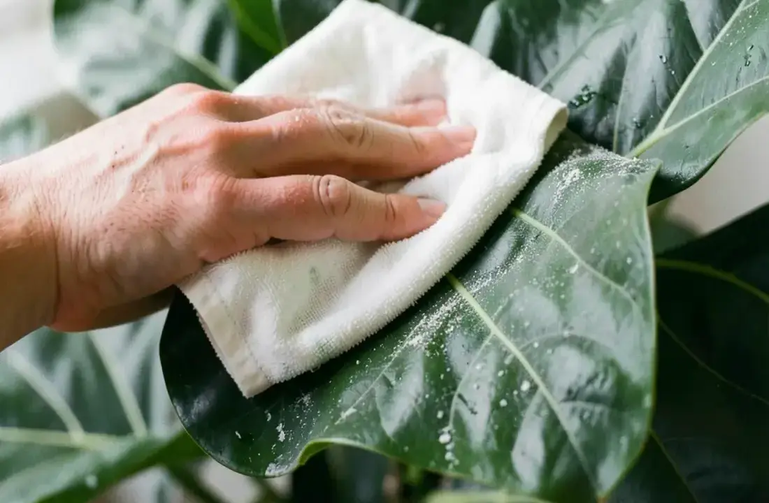 Close-up of broad tropical leaves being wiped clean with a soft cloth