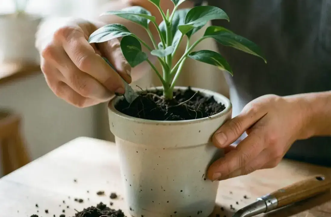 Hands repotting a healthy indoor plant into a fresh ceramic pot with new soil