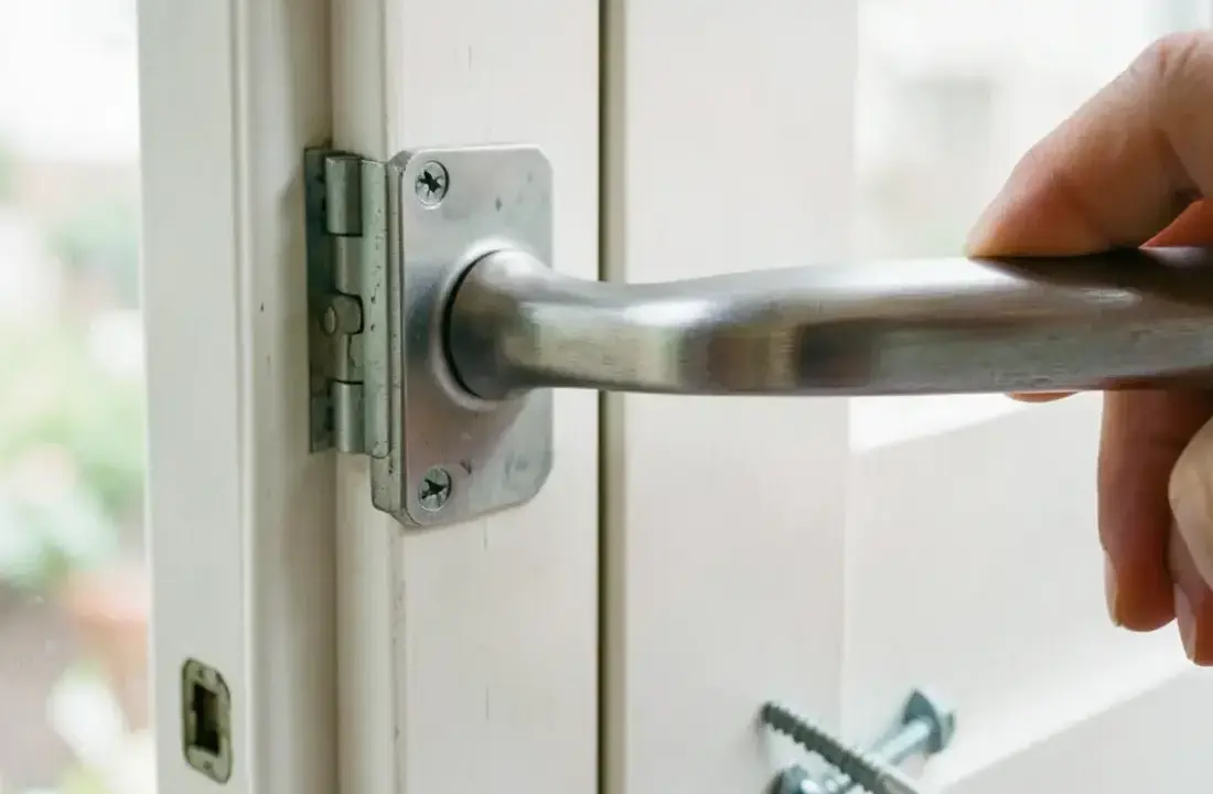 Door hinge and handle being adjusted on a painted interior door