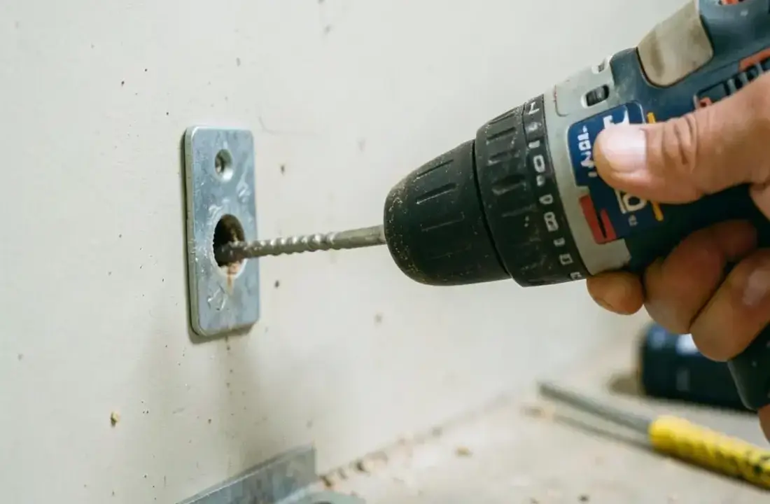 Technician using a drill to fix a loose baseboard trim on a matte white wall