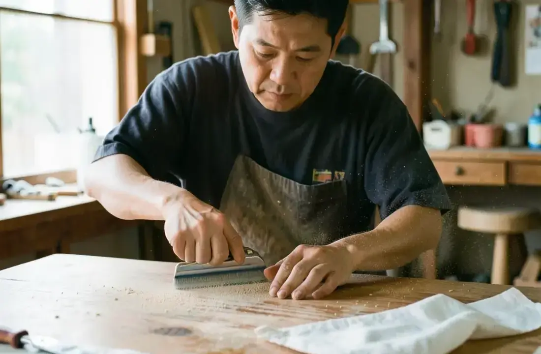 Craftsman sanding the edge of a solid oak table with a fine abrasive sheet