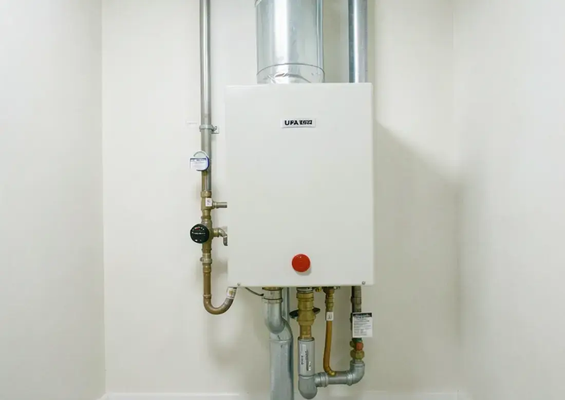 Newly installed residential boiler with clean pipework and labelled valves