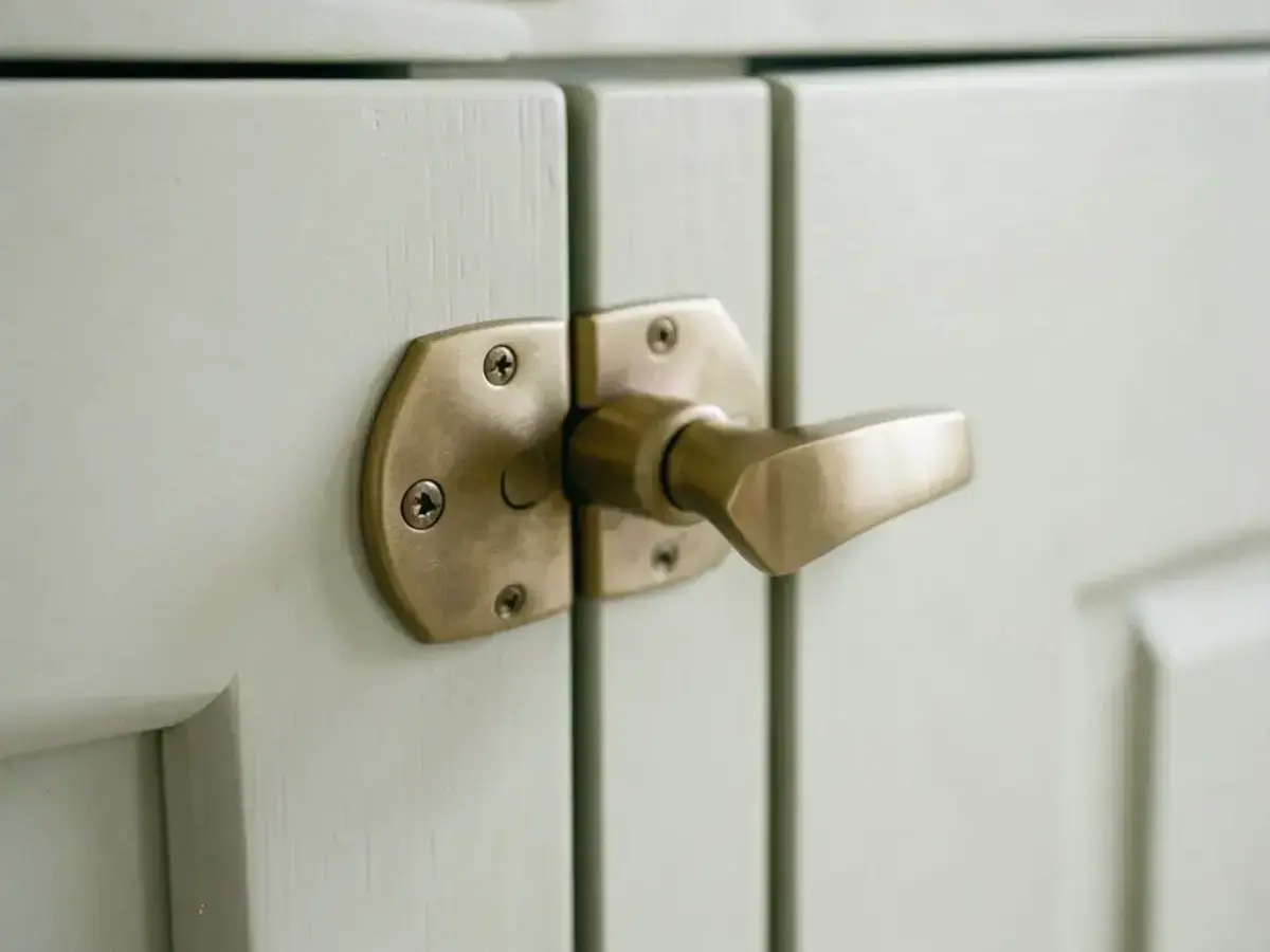 Detail of a repaired cabinet door with matched finish and new hardware