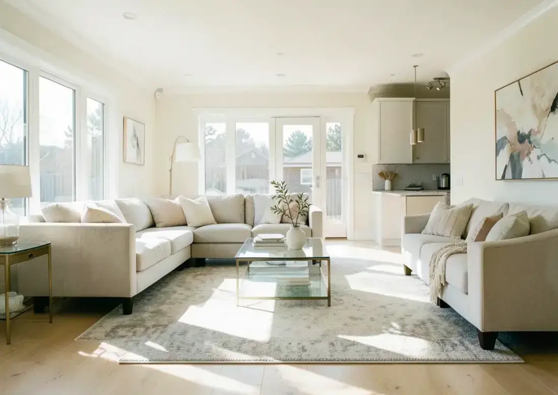 Living room immediately after a deep clean with polished floors and crisp cushions