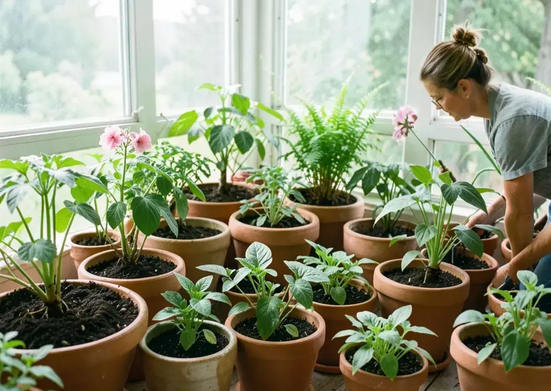 Bright conservatory filled with healthy potted plants after a care visit