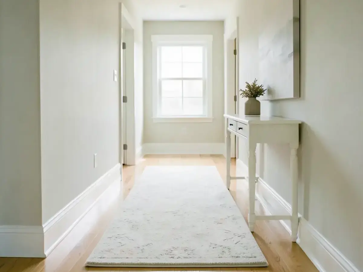 Detail of a cleaned hallway with a polished floor and neatly reset baseboards