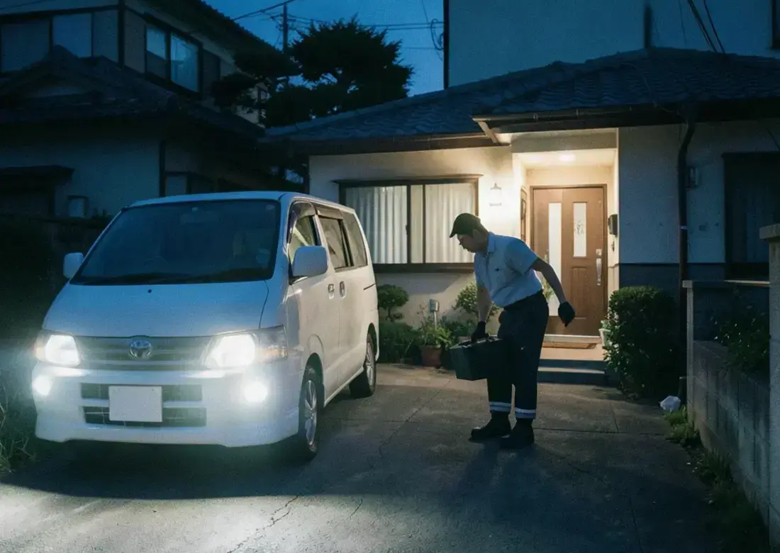 Night-time emergency callout with van headlights on a driveway