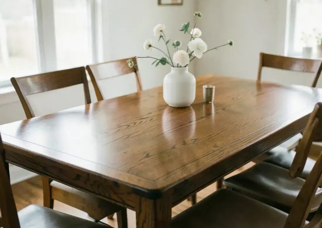 Restored oak dining table with visible grain and a soft protective finish