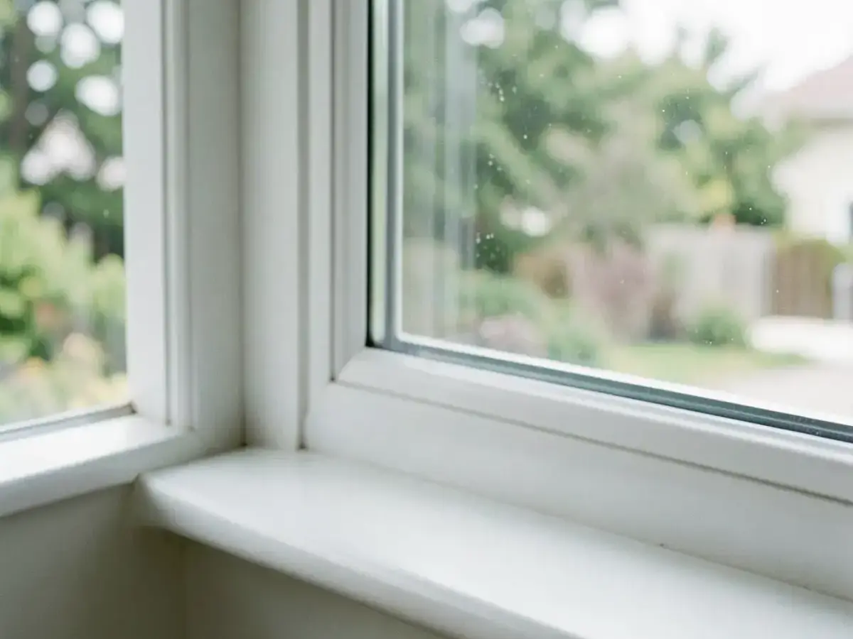 Freshly cleaned interior window with spotless glass and a wiped frame