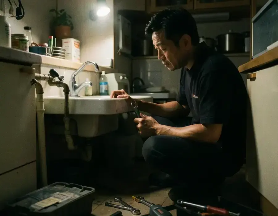 Technician working under a kitchen sink at night with a work light