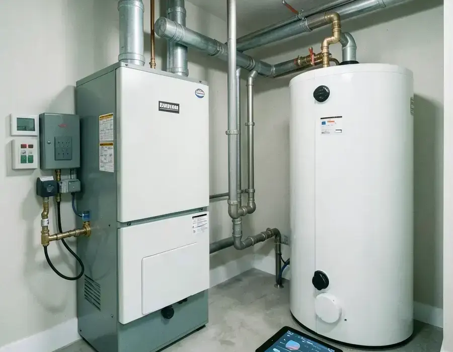 Residential mechanical room with a mounted boiler and labeled breaker panel