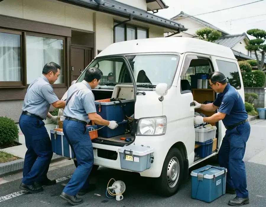 A crew of technicians loading equipment into a panel van outside a suburban home