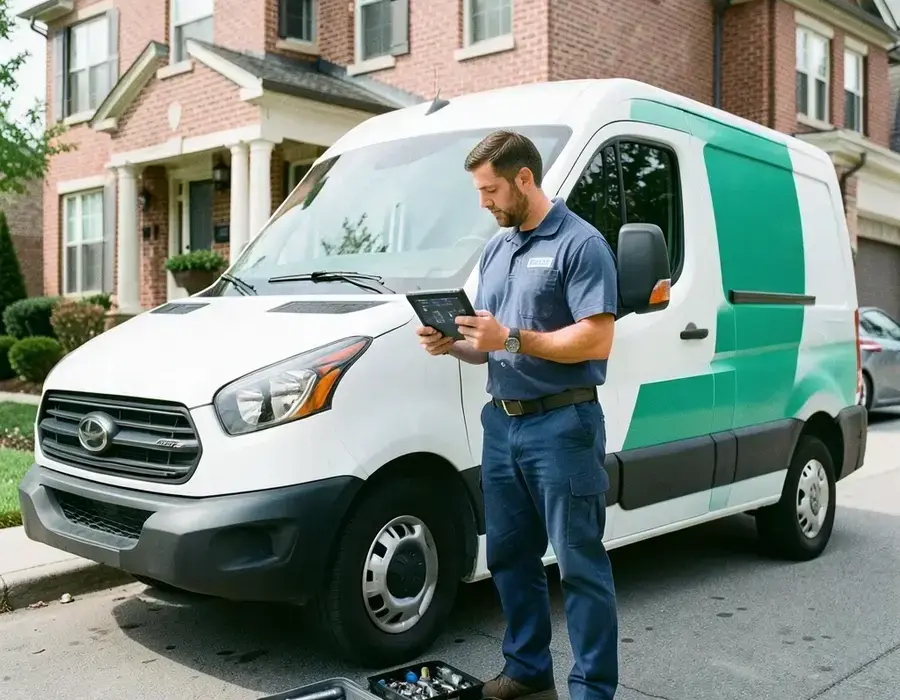 A technician's van outside a townhouse with a diagnostic tablet in hand
