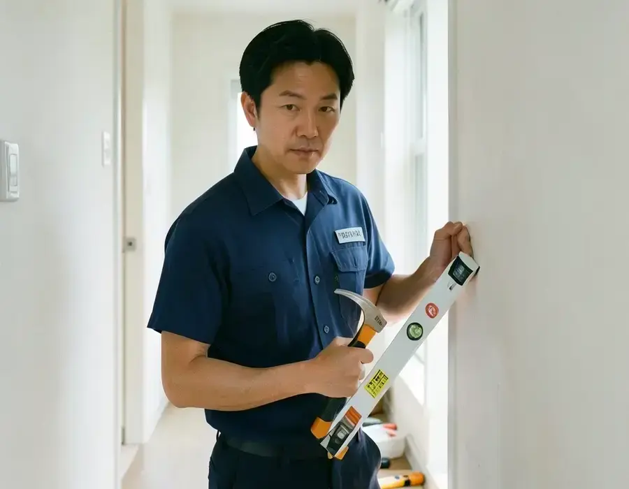 Technician fitting a baseboard trim with a spirit level and hammer