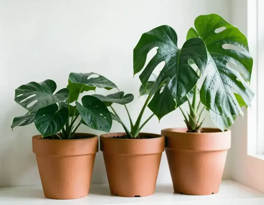 Monstera and fiddle leaf plants in ceramic pots with water droplets on the leaves