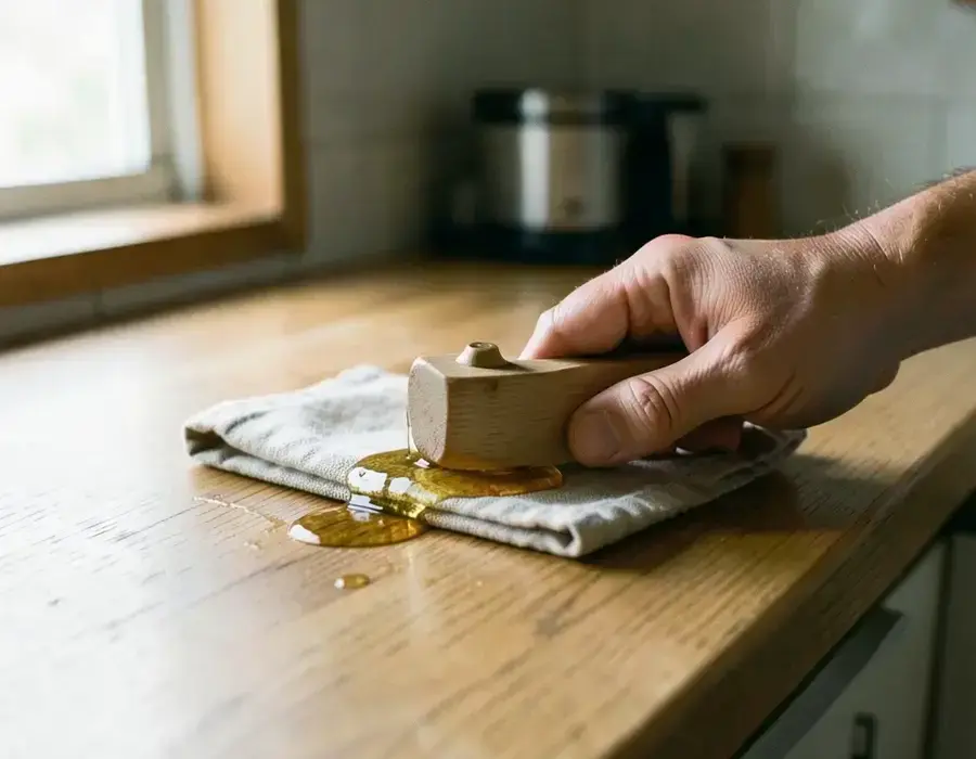 Hand spreading natural oil across a solid oak countertop