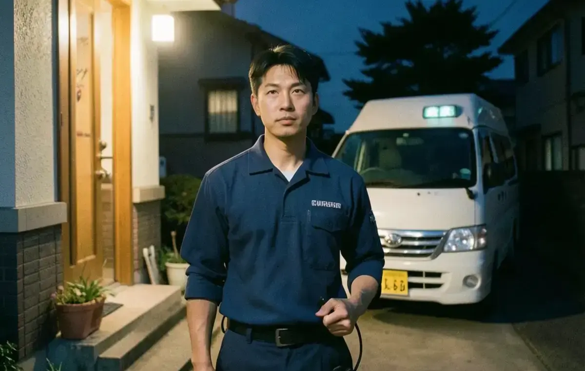 Emergency callout at a suburban house entrance at night with van headlights on the driveway