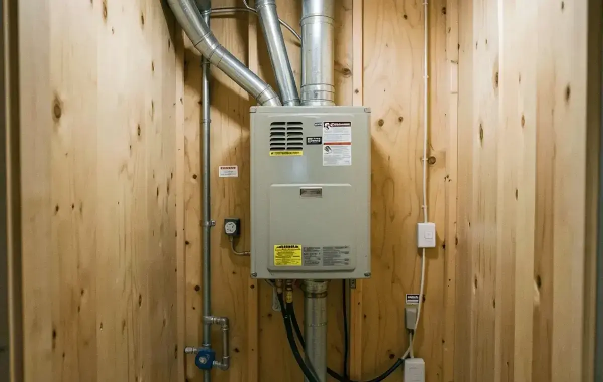 Tidy residential utility closet with an air handler and labeled shutoff valves
