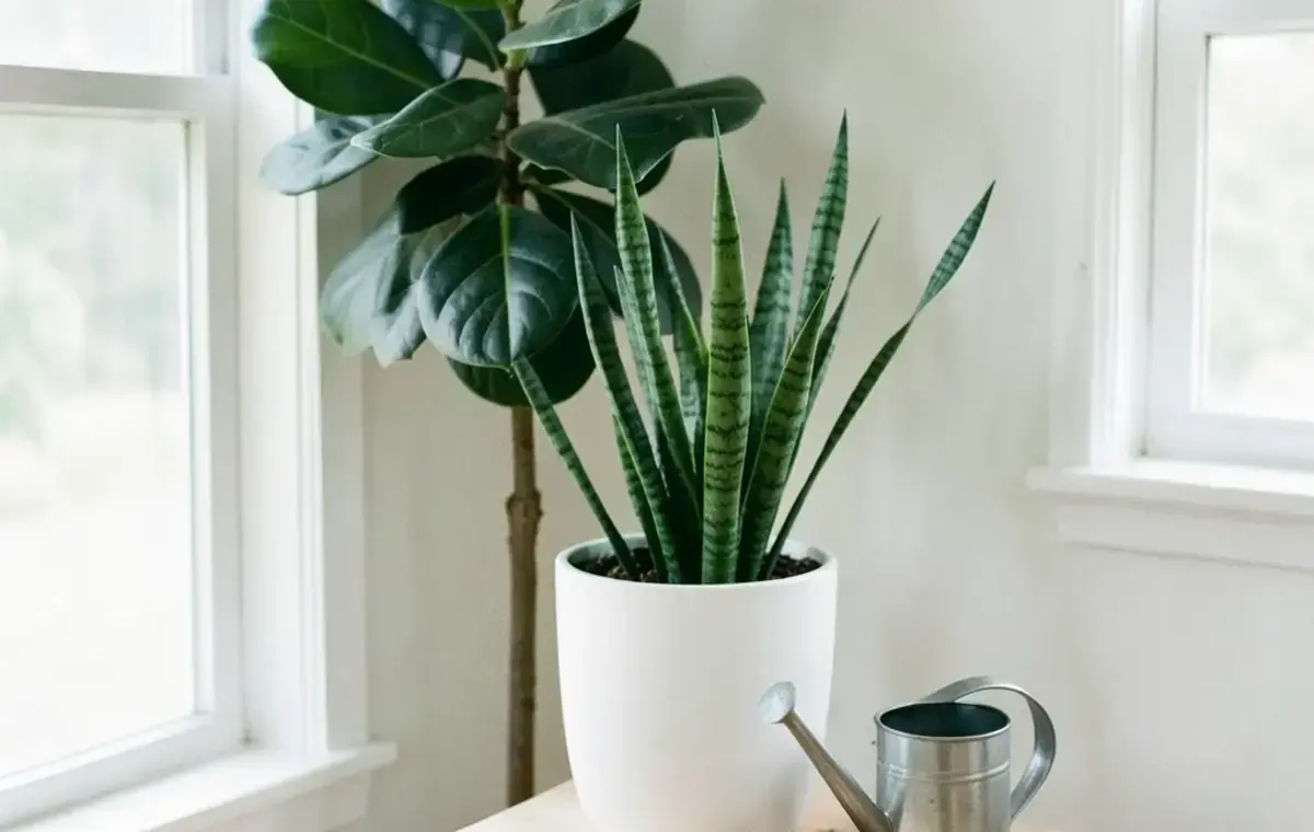Indoor plant corner with a rubber plant, snake plant and watering can