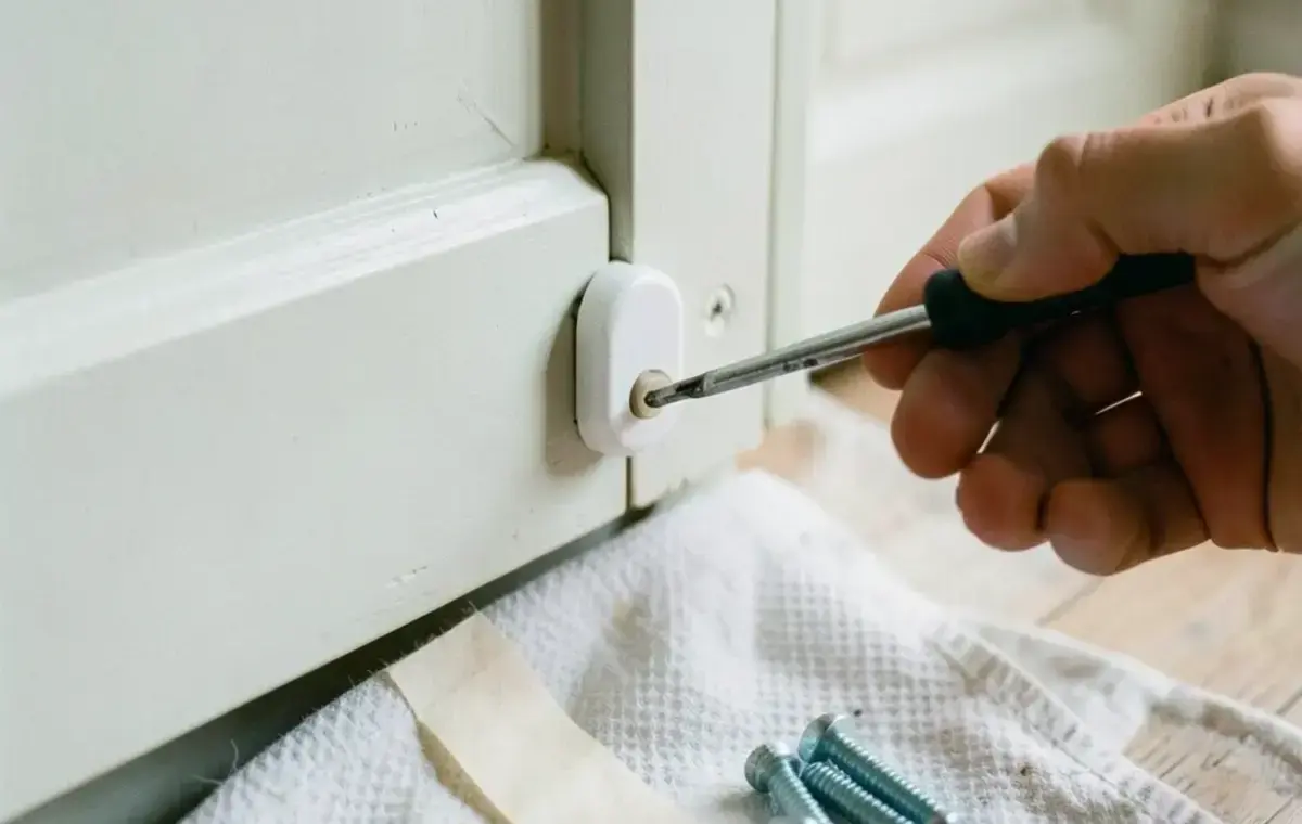 Cabinet hinge being adjusted with a screwdriver on a painted cabinet door