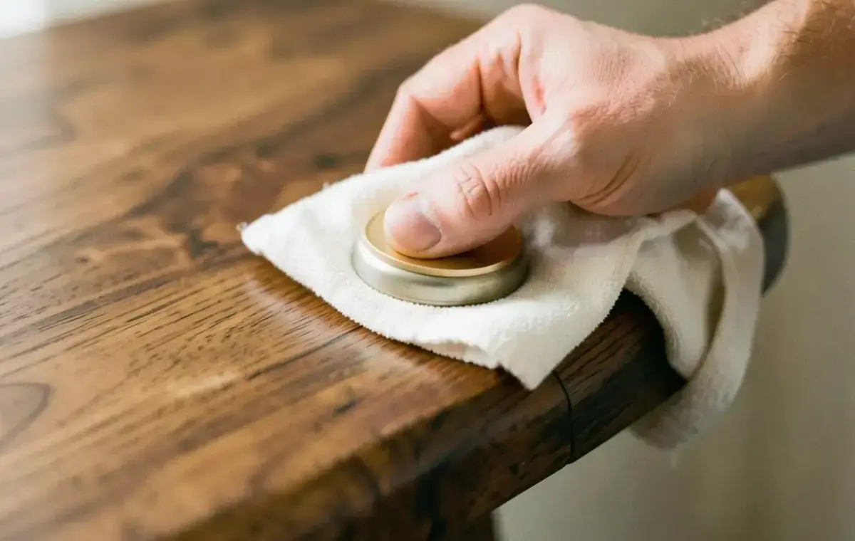 Craftsman hand buffing a walnut side table with a soft cloth