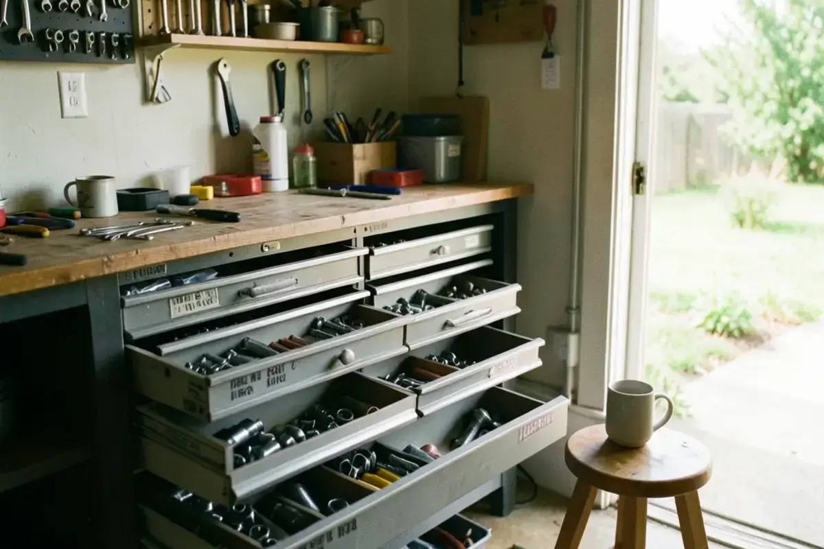 The original garage workshop where Creoenem Home Solutions began, with tools on a pegboard and a workbench
