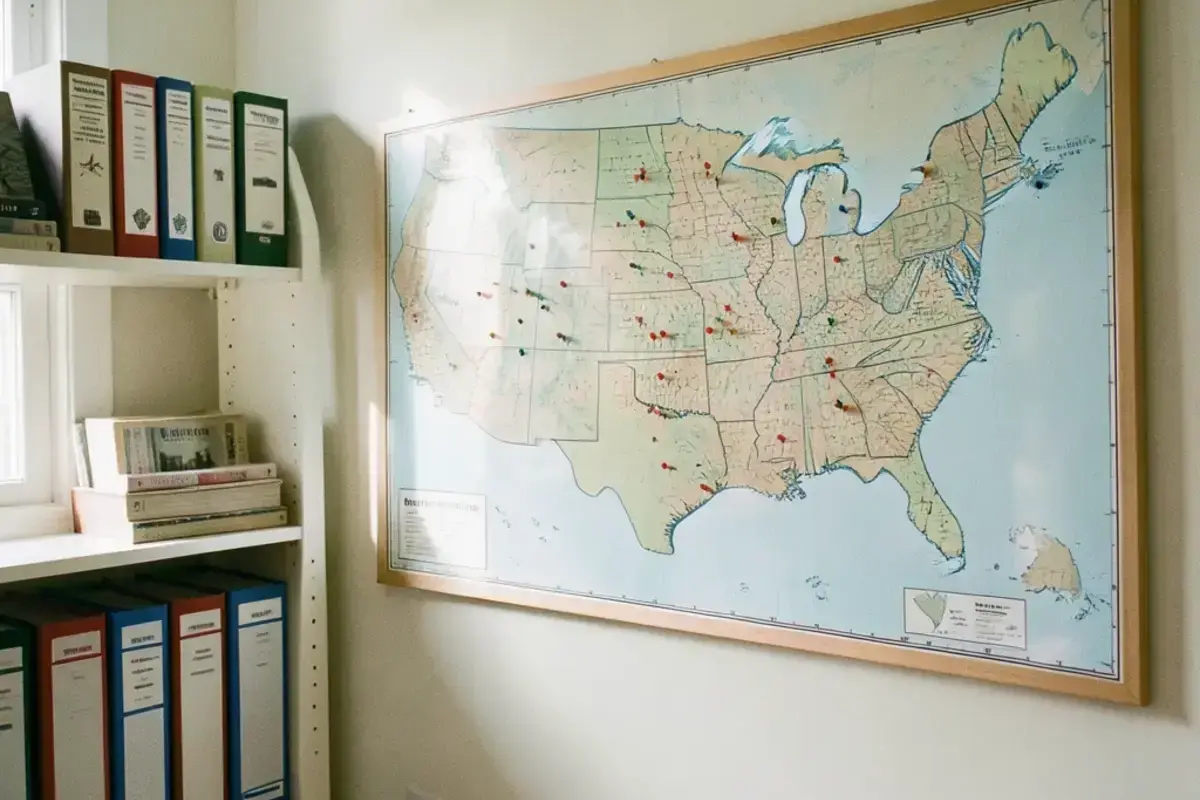 A wall map of the United States with service locations marked by the dispatch team