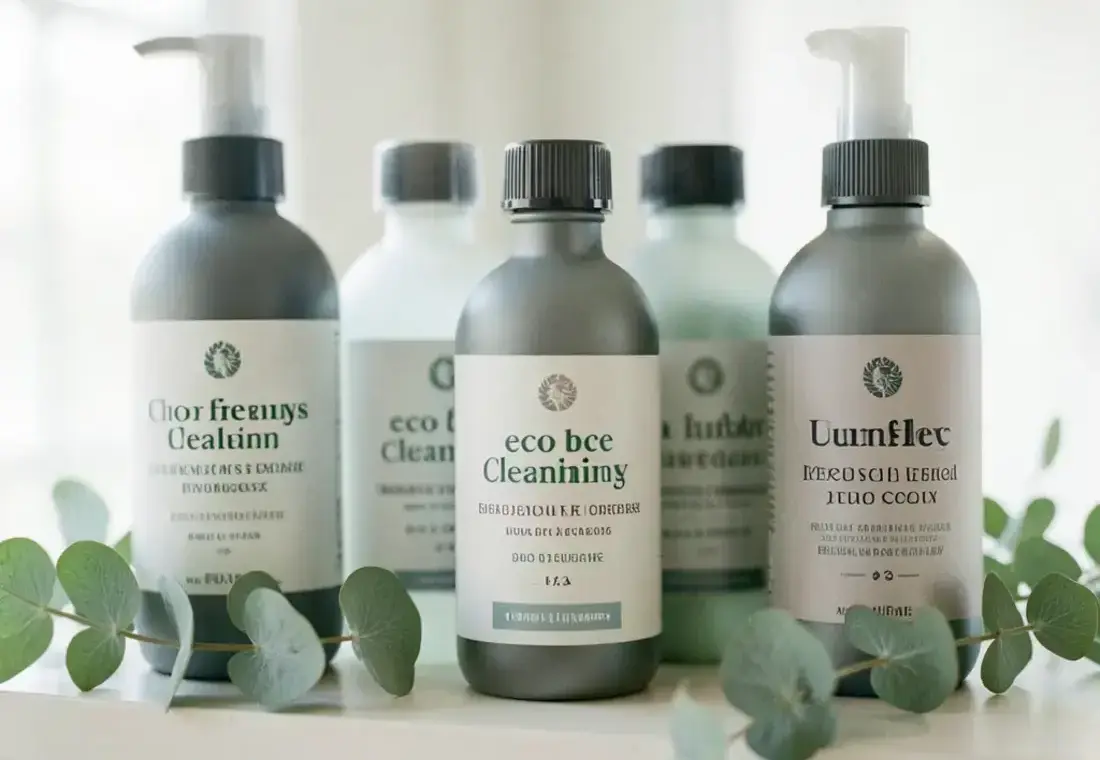 Eco-friendly cleaning bottles and folded microfibre cloths on a light work surface