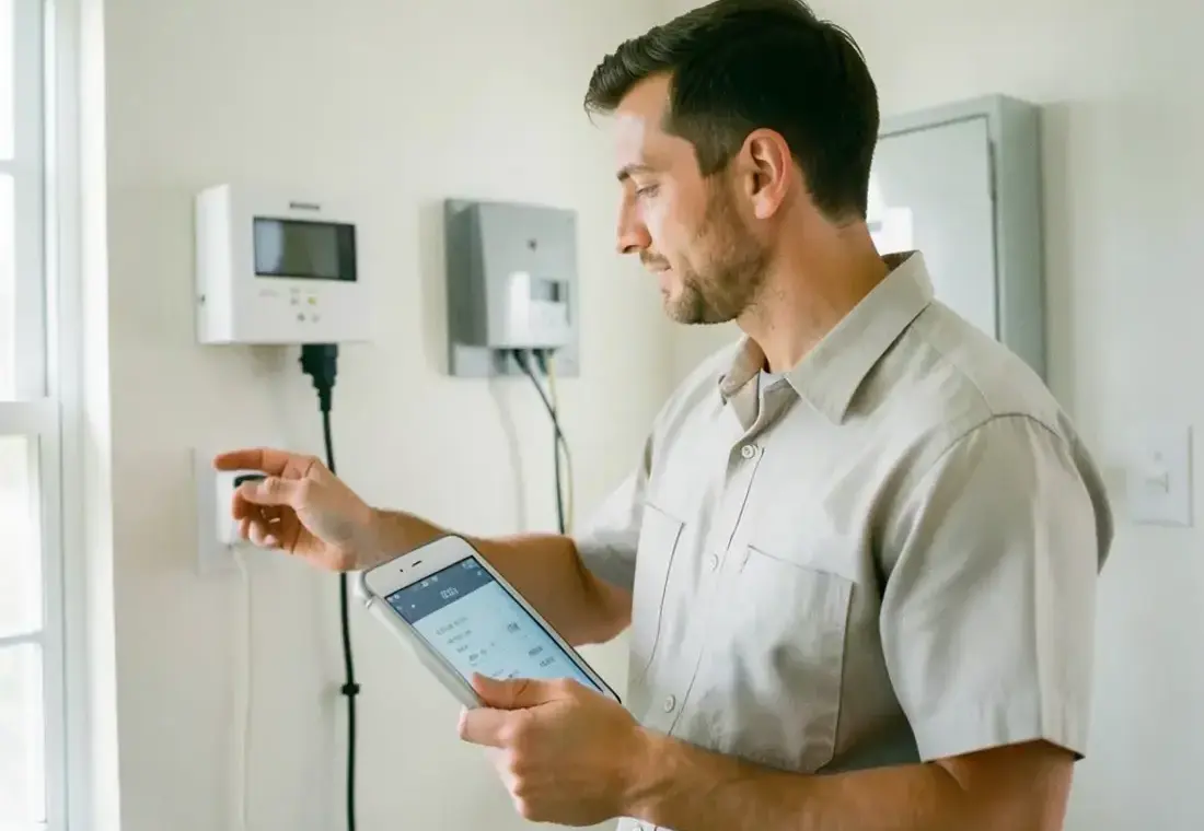 Technician with a tablet inspecting a home and writing down readings