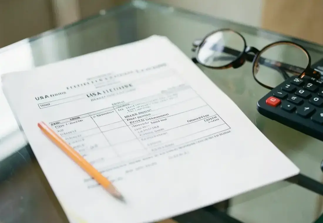 A printed estimate and calculator on a kitchen table with a pen