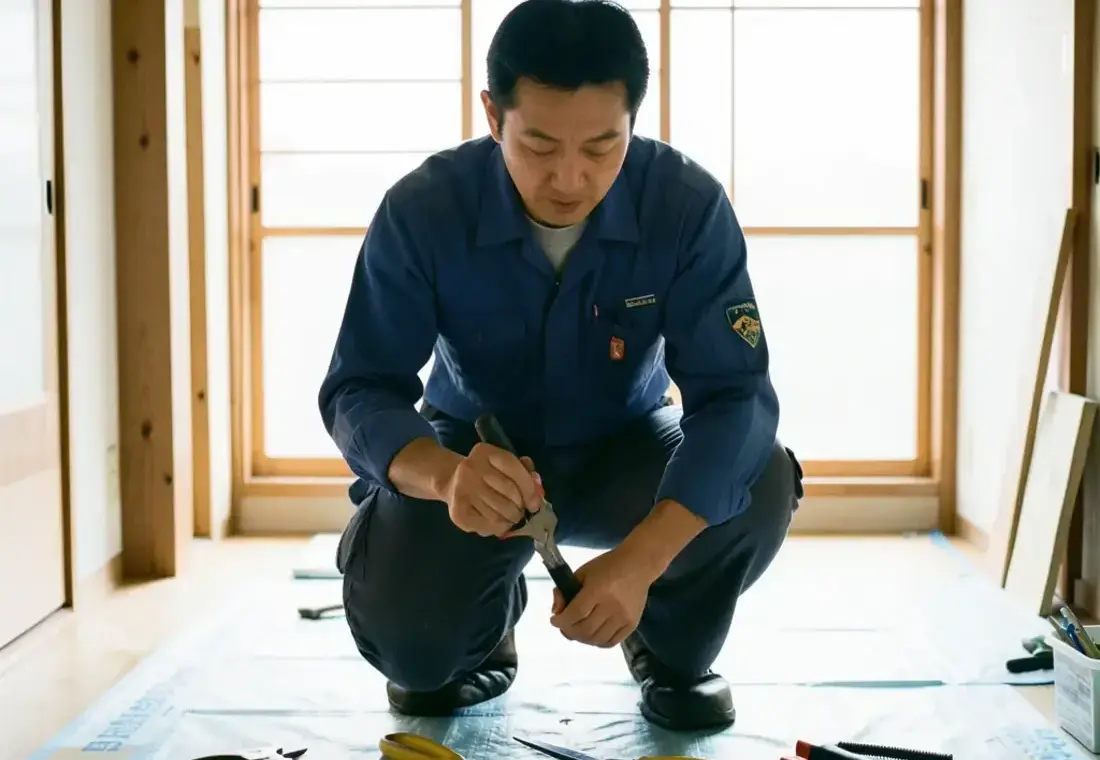 Technician in uniform working on a home repair with tools laid out